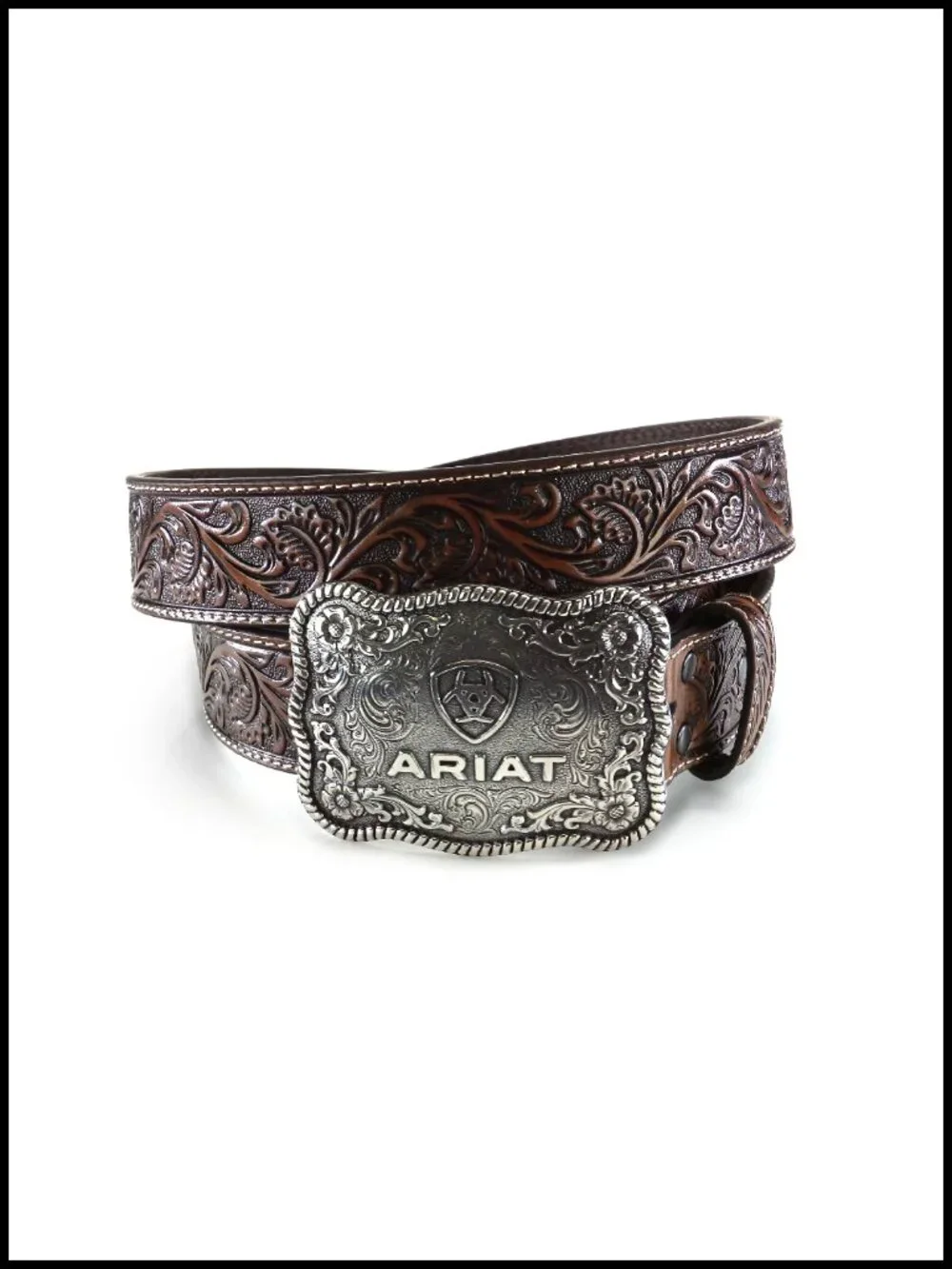 Men's Floral Embossed Leather Belt with Cowboy Buckle